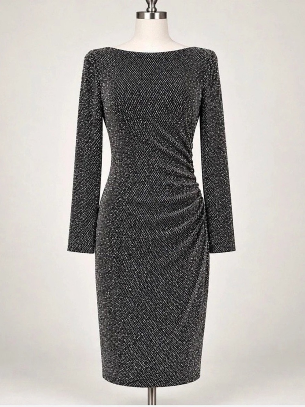 Lauren by Ralph Lauren Ruched Long Sleeve Midi Dress in Black & Silver Sz 6P